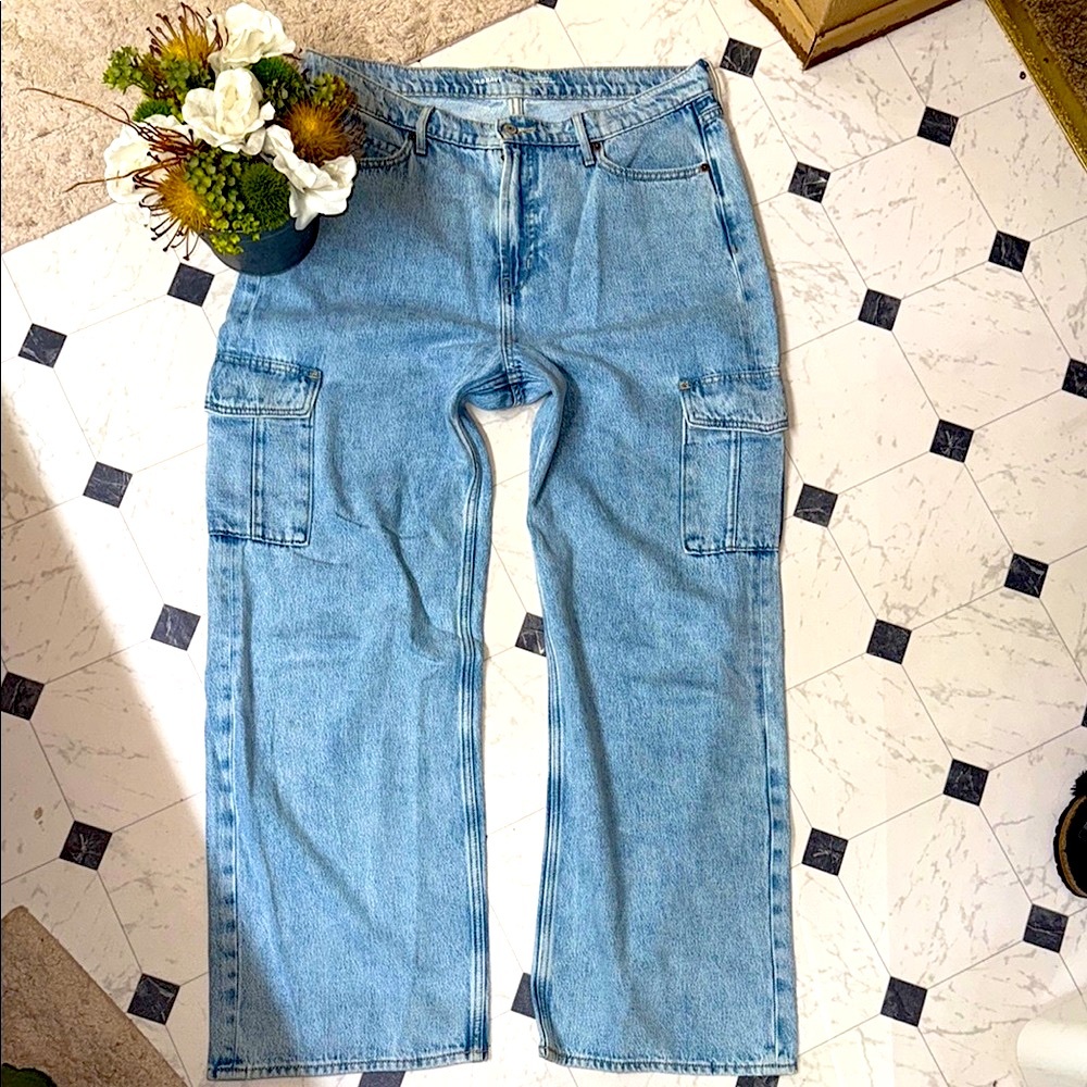NWOT OLD NAVY SKY HI WIDE LEG CARGO JEANS 100% cotton 14